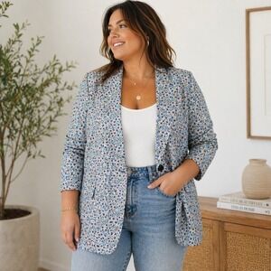 Zara Floral Blazer Womens XL Blue Ditsy Print Lightweight Spring Jacket Boho